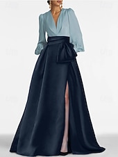cheap A-Line Evening Dresses-A-Line Sweep Brush Train Evening Gown Ball Gown Formal Dress Elegant High Split Long Sleeve V Neck Formal Wedding Guest Satin with Pleats Slit