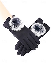 abordables Guantes de mujer-Guantes táctiles navideños para mujer con pompones de piel sintética de conejo, tejido de poliéster cálido, varios colores, perfectos para la moda de invierno y regalos navideños.
