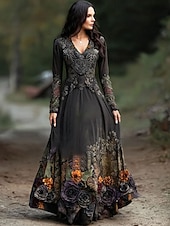 economico Abiti floreali-Per donna Abito maxi Abito a trapezio Abito Pieghettato Abito aderente e svasato Boho Data Vestibilità regolare Floreale Grafico Manica Lunga Scollo a V Nero Primavera Autunno Inverno