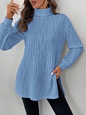 cheap Plain Blouses-Women's Blouse Elegant Vintage Fashion Solid Color Ribbed Turtleneck Textured Split Long Sleeve Long Tops Knit Formal Outdoor Party Black