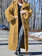 abordables Cárdigans y prendas de abrigo-Mujer Pulóveres Cárdigan Elegante Moda Ropa de calle Color sólido Con Capucha Retazos Botones De Punto Manga Larga Tops largos Tejer Exterior Diario Noche Negro Amarillo Otoño Invierno