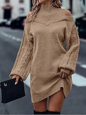 economico Abiti in maglia-Per donna Abito maglione Elegante Casual Morbido Colore Puro A Coste Dolcevita Lavorato a maglia Spalle scoperte Manica Lunga Top Regolari Maglia All'aperto Quotidiano Weekend Nero Verde Autunno