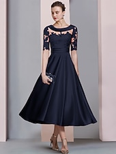 رخيصةأون طول الكاحل-A-الخط طول الساق فستان الحفلة فستان كوكتيل فستان زفاف ضيف فستان أم العروس نصف كم رقبة سكوب أنيق عتيق ضيف حفل زفاف ساتان دانتيل مع روش زينة