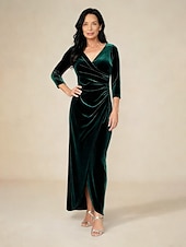  Per donna Abito maxi Abito a Portafoglio Elegante Festa serale Ospite di nozze Asimmetrico Vestibilità regolare Tinta unica Manica 3/4 Scollo a V Verde smeraldo