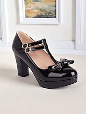 cheap 1950s Retro-Women's 1950s Vintage Patent Faux Leather T-Strap Heels with Bow Detail, Comfortable Chunky Block Heel, Elegant for Parties, Weddings and Special Occasions