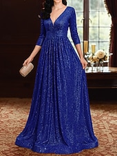 お買い得  床の長さ-Ａライン フロア丈 ウェディングゲストドレス フォーマルドレス イブニングガウン マダムドS 七分袖 Ｖネック エレガント パーティー 豪華 祝日 カクテルパーティー フォーマルイブニング チュール 〜と プリーツ スパンコール