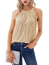 economico Serbatoio Semplice-Per donna Canotta a canotta Paillettes Tinta unica Elegante Casual Senza Maniche All'americana Top Regolari Quotidiano Verde salvia Nero Bianco Champagne Vino Estate Primavera