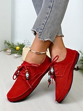 preiswerte Damenschnürschuhe-Rote Mokassin-Loafer für Damen mit Perlenschnürsenkeln – gemütliche Urlaubs-Slipper für Damen – ideal für Weihnachten, Winterkomfort und entspannte Tage