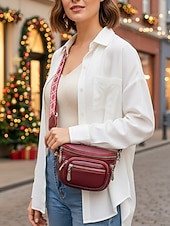 economico Borse a Tracolla-Borsa a tracolla da donna in similpelle bordeaux con tasche multiple con cerniera, tracolla larga e finiture argentate, elegante borsa da viaggio a mani libere per l'uso quotidiano e per gli outfit delle vacanze natalizie