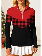 お買い得  女性用シャツ-女性用 カラーブロック チェック 格子柄 市松 ポロスウェットシャツ トップス シャツ スポーツシャツ 長袖 プリント クォータージップ Pullover UPF50+ UV耐性 UVプロテクション 弾性ある 高通気性 バレーボール テニス ゴルフ スタンド ジップカラー シャツ トラックスーツ レッドとブラック イエロー ピンク テニスウェア