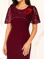 preiswerte Teelänge-Schlauchkleid Tee-Länge Partykleid Cocktailkleid Kleid für Hochzeitsgäste Brautmutterkleid Kurzarm Rundhalsausschnitt Elegant Formell Formeller Abend Hochzeitsfeier mit Perlenstickerei