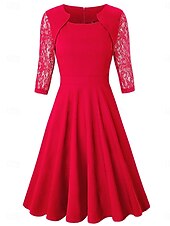 cheap Plain Dress-Women's Mini Dress A Line Dress Elegant Party Cocktail Outdoor Party Wedding Lace Patchwork Regular Fit Solid Color 3/4 Length Sleeve Square Neck Pink Wine Red