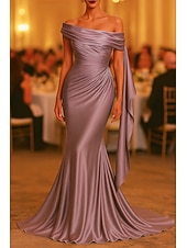 abordables Vestidos de Noche Sirena-Corte Trompeta Sirena Hasta el Suelo Trajes de gala Vestidos de noche Corte Cenicienta Vestimenta formal Elegante Sin Mangas Un Hombro Boda Formal Vestido rosa Satén elástico con Plisado