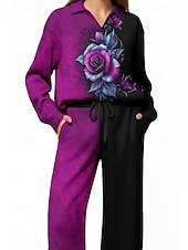 tanie dresy-Damskie Bluza dresowa Dres Dres 2-częściowy Ściągana na sznurek Kieszeń Kwiaty Zestaw odzieży sportowej Zestawy odzież Jesień Zima Różowy Czerwony Kariera Na zewnątrz Podróże Lekki Moda Długi rękaw