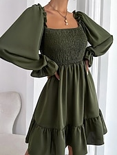 Damen Minikleid Schößchen Kleider Gerafftes Kleid Modern Outdoor Ferien Ausgehen Normale Passform Einfach Langarm Quadrathals Schwarz Wein Armeegrün Leicht Braun Frühling Herbst preiswerte abendkleider-Damen Minikleid Schößchen Kleider Gerafftes Kleid Modern Outdoor Ferien Ausgehen Normale Passform Einfach Langarm Quadrathals Schwarz Wein Armeegrün Leicht Braun Frühling Herbst