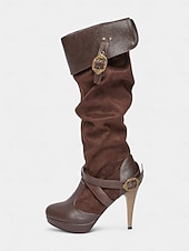 abordables Medieval &amp; Renacimiento-Botas medievales marrones por encima de la rodilla para mujer con tacones de aguja altos y diseño de correa con hebilla, botas de moda de estilo renacentista vintage para fiestas de disfraces, cosplay