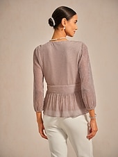 baratos Blusas Simples-Mulheres Blusa gravata na frente Metálico Elegante Manga Longa Decote V Tops regulares Convidado do casamento Roupas para encontros noturnos Traje para coquetel Rosa Verão Primavera Outono Inverno