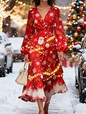 cheap Christmas Dresses-Christmas Women&#039;s Midi Dress A Line Dress Vacation Casual Party Daily Evening Party Regular Fit Graphic Snowflake Long Sleeve V Neck White Red Green Fall Winter