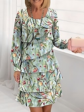 preiswerte Blumenkleid-Damen Knielanges Kleid Freizeitkleid Chiffonkleid Shiftkleid Kleid mit vielen Schichten Elegant Urlaub Party Normale Passform Blumen Langarm Rundhalsausschnitt Schwarz Weiß Blau Grün Sommer Frühling