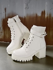 Χαμηλού Κόστους Μπότες μάχης-Γυναικείες λευκές μπότες με χοντρό τακούνι και δετά κορδόνια, κομψές μπότες μάχης με ψηλοτάκουνο και ρυθμιζόμενη αγκράφα, μοντέρνα υποδήματα για casual και υπαίθριες περιστάσεις.