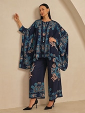 baratos calças femininas-Calças femininas de pernas largas, chiffon, estampa floral havaiana étnica, cintura elástica, casual, férias, primavera, verão, outono