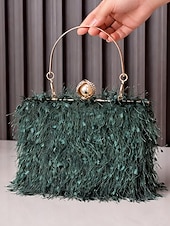 tanie Torby i torebki-Damska torebka na imprezę świąteczną – elegancka wieczorowa torebka z piórami w kolorze czerwonym i zielonym, ze złotym uchwytem i perłowym zapięciem – świąteczny prezent dla kobiety – szykowny, świąteczny styl na uroczystości bożonarodzeniowe