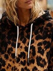 olcso Virágos kapucnis pulóverek-Női Pullover Kapucnis felsők Zsinór Nyomtatott Leopárd Divat Utcai sikk Alkalmi Hosszú ujj Kapucni Normál felsők Hétköznapi Barna Tavasz Ősz