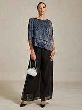  Damen Bluse Elegante Oberteile Fließende Oberteile Chiffon Tops Pailletten Plissiert Patchwork Elegant Vintage Stilvoll Dreiviertelarm Rundhalsausschnitt U-Boot-Ausschnitt Täglich Arbeit Outfits für