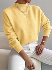 billiga Plain Pullover-Women's Sweater Pullover Fashion Streetwear Casual Solid Color Mock Neck Knitted Long Sleeve Regular Tops Knit Daily Holiday Going out Yellow Pink Fall Winter