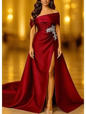 cheap A-Line Evening Dresses-Purple Black A-Line Evening Gown Elegant Formal Dress Formal Wedding Floor Length Short Sleeve Off Shoulder Capes Satin with Pocket 2025