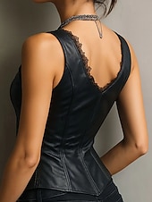 Недорогие Простой бак-Жен. Блуза Пуговицы Кружевная отделка Полотняное плетение Элегантный стиль Стиль Секси Без рукавов V-образный вырез Укороченные топы Праздники На выход Черный Весна Осень