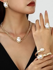 cheap Women's Necklace-Women's Gold Pearl Jewelry Set for Party - Chunky Chain Necklace, Statement Earrings, Bracelet and Ring, Baroque Style Elegant Accessories for Evening &amp; Formal Events