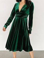 Damen Midikleid Samtkleid Partykleid Cocktailkleid Elegant Modern Party Abendgesellschaft Normale Passform Einfach Langarm V Ausschnitt Schwarz Rote Dunkelgrün Herbst Winter preiswerte abendkleider-Damen Midikleid Samtkleid Partykleid Cocktailkleid Elegant Modern Party Abendgesellschaft Normale Passform Einfach Langarm V Ausschnitt Schwarz Rote Dunkelgrün Herbst Winter