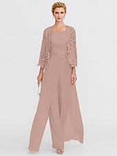 abordables Combinaisons pour maman-Pantalon de mariage de plage 3 pièces mère de la mariée invité de mariage élégant taille plus décolleté carré longueur de sol en chiffon dentelle cordée sans manches enveloppe incluse avec appliqués