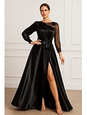 Недорогие Платья на вечер в стиле А-силуэта-А-силуэт Вечернее платье Элегантный стиль Торжественное платье Официальные Свадьба В пол Длинный рукав Иллюзионный декор Карман Сатин с Рюши 2025