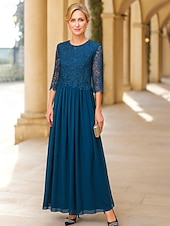billige Gulvlengde-A-linje gulvlang brudgjestkjole formelle kjoler kveldsdrakt mor til bruden kjole 3/4 lengde erme rund hals elegant formell blonde med ensfarget