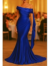 abordables Vestidos de Noche Sirena-Corte Trompeta Sirena Hasta el Suelo Trajes de gala Vestidos de noche Corte Cenicienta Vestimenta formal Elegante Sin Mangas Un Hombro Boda Formal Vestido rosa Satén elástico con Plisado