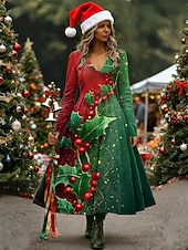 Kerstmis Dames Halflange jurk A lijn jurk Vakantie Casual Dagelijks Normale pasvorm Bloemig Grafisch Lange mouw V-hals Diep Groen Rood Groen Herfst Winter voordelige Kerstjurken-Kerstmis Dames Halflange jurk A lijn jurk Vakantie Casual Dagelijks Normale pasvorm Bloemig Grafisch Lange mouw V-hals Diep Groen Rood Groen Herfst Winter
