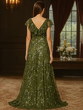 Ligne A Robe de Mère de Mariée  Élégant ancien Luxueux Col en V Longueur au sol Dentelle Pailleté Polyester Manche Courte avec Dentelle Plis Paillettes abordables Longueur du plancher-Ligne A Robe de Mère de Mariée  Élégant ancien Luxueux Col en V Longueur au sol Dentelle Pailleté Polyester Manche Courte avec Dentelle Plis Paillettes