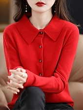 ieftine Cardigan simplu-Pentru femei Pulover Casual Culoare solidă Guler Cămașă Nasturi Manșon Lung Topuri obișnuite Tricotat Casă Zilnic Concediu Negru Alb Toamnă Iarnă