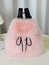 abordables Sacs à Dos de Mode-Sac à dos en fausse fourrure pour femme, sac à dos élégant avec cordon de serrage pour une tenue décontractée, matière en peluche douce, parfait pour un usage quotidien et les tenues d'hiver