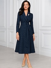  فستان حفل بطول شاي على شكل A، فستان كوكتيل، فستان ضيف زفاف، فستان والدة العروس، بأكمام طويلة وياقة قميص، أنيق، بسيط، رسمي مع حزام/رباط