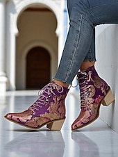  Bottines à lacets en jacquard violet pour femme, ornées de broderies florales et dotées d'un petit talon bloc – bottines de style baroque vintage, parfaites pour les festivals et les soirées Gatsby.