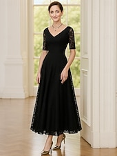 preiswerte Knöchellänge-A-Linie Knöchellänge Partykleid Cocktailkleid Kleid für Hochzeitsgäste Brautmutterkleid Halbarm V Ausschnitt Elegant Schwarzes Kleid Formeller Abend Hochzeitsfeier mit Spitze