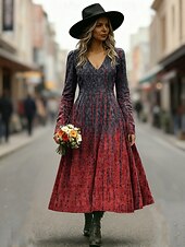 economico Arte &amp; Design Abiti-Per donna Abito Midi Abito a trapezio Vacanza Casual Quotidiano Vestibilità regolare Grafico Astratto Manica Lunga Scollo a V Blu Rosso Viola Verde Autunno Inverno