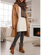 ieftine Cizme de zăpadă și iarnă-Ghete de damă cu platformă, din blană artificială, din piele întoarsă de culoare cămilă, cu detalii de legături și toc gros - ghete de iarnă călduroase și elegante, pentru purtare zilnică și de sărbători