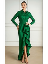 baratos Vestidos de Cocktail-Tubinho Assimétrico Longo Vestidos de cocktail Vestidos de festa Elegante Vintage Manga Longa Colarinho de Camisa Formal Convidado do casamento Cetim com Fru-Fru