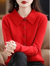 ieftine Cardigan simplu-Pentru femei Pulover Casual Culoare solidă Guler Cămașă Nasturi Manșon Lung Topuri obișnuite Tricotat Casă Zilnic Concediu Negru Alb Toamnă Iarnă