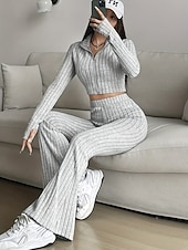 cheap Women's Blouse Suits-Women's Pants Sets Bolero Top Long Sleeve Shirt Collar Solid Color Zipper Fashion Streetwear Casual Daily Outdoor Black Wine Camel Spring Slim