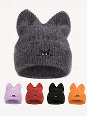 Недорогие Женские шляпы-Женская пушистая вязаная шапка с кошачьими ушками, милая зимняя теплая шапка с вышивкой черного кота, стильный рождественский подарок для девочек и женщин